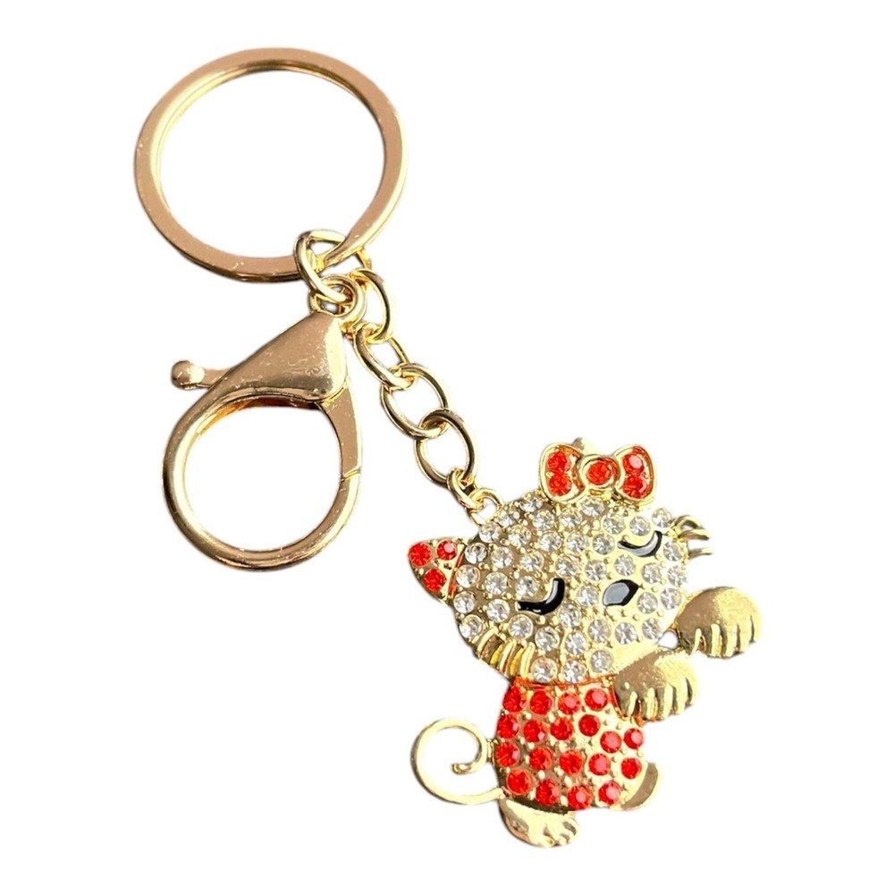 Women's Gold Red Crystal Cat Key Chain Ring Charm Rhinestone Bling 4"